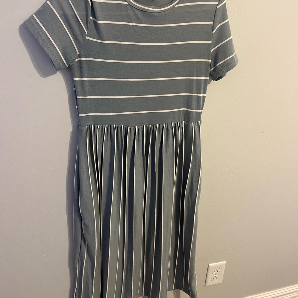 blue and white striped dress